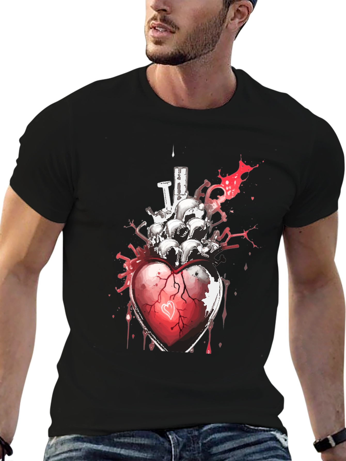 Heart & Skulls Graphic Tee - Edgy Style