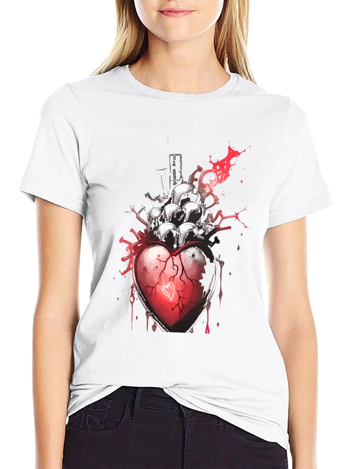 Heart & Skulls Graphic Tee - Edgy Style