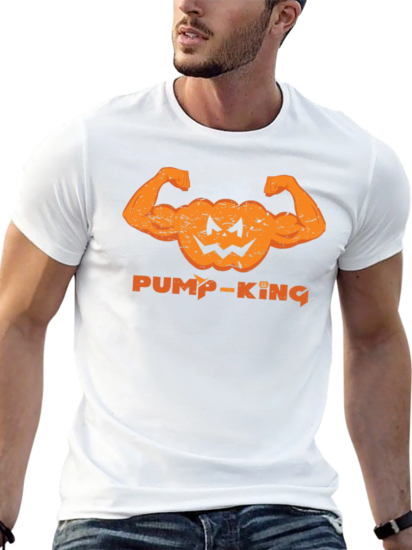 Pump-King T-Shirt: Halloween Bodybuilder Pumpkin Design