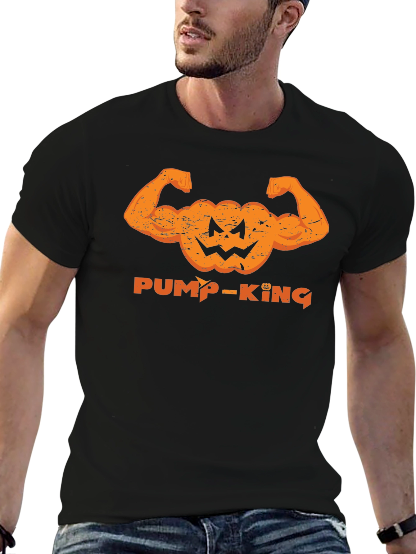 Pump-King T-Shirt: Halloween Bodybuilder Pumpkin Design