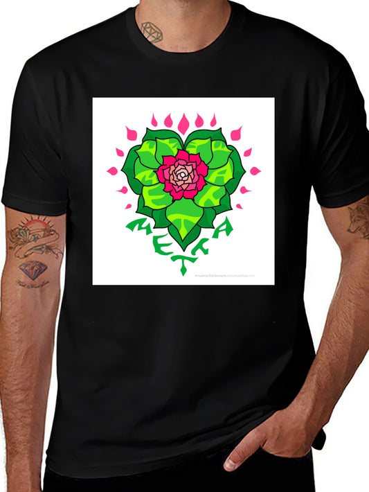 Nature Art Tee - Pink Flower & Green Leaves Graphic T-Shirt
