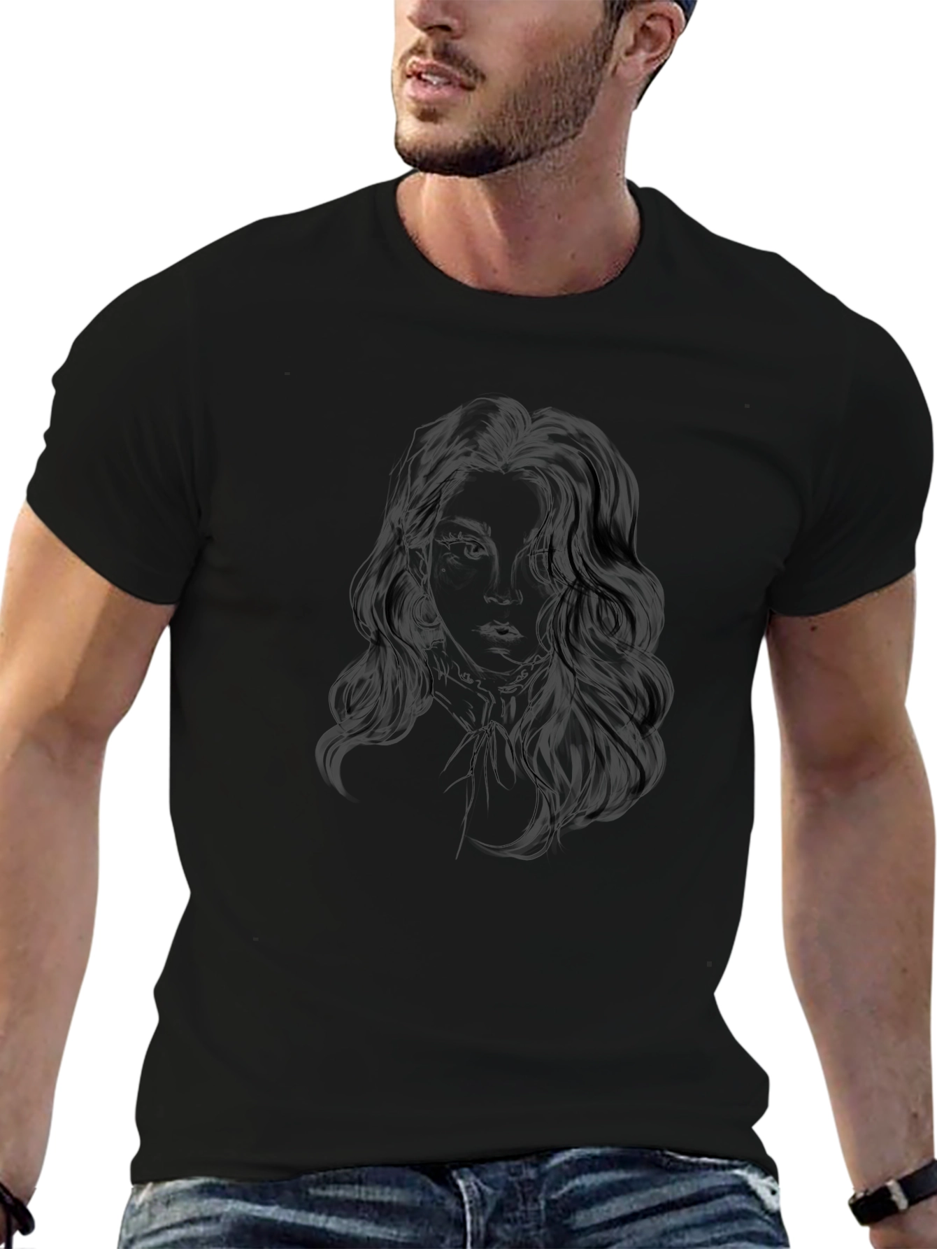 Black Graphic Tee - Woman Portrait Design