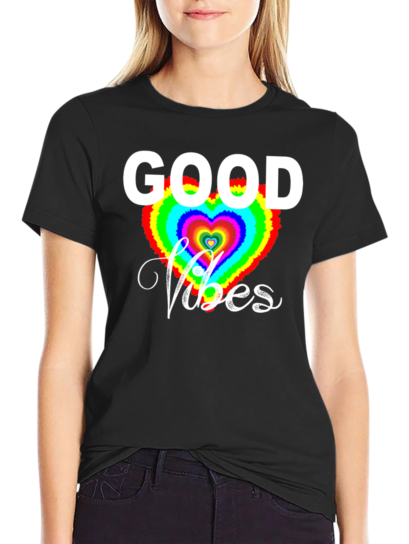 Good Vibes T-Shirt - Rainbow Heart Graphic