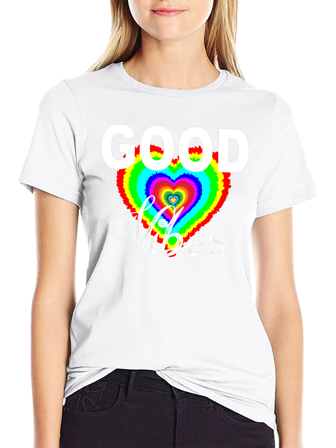 Good Vibes T-Shirt - Rainbow Heart Graphic