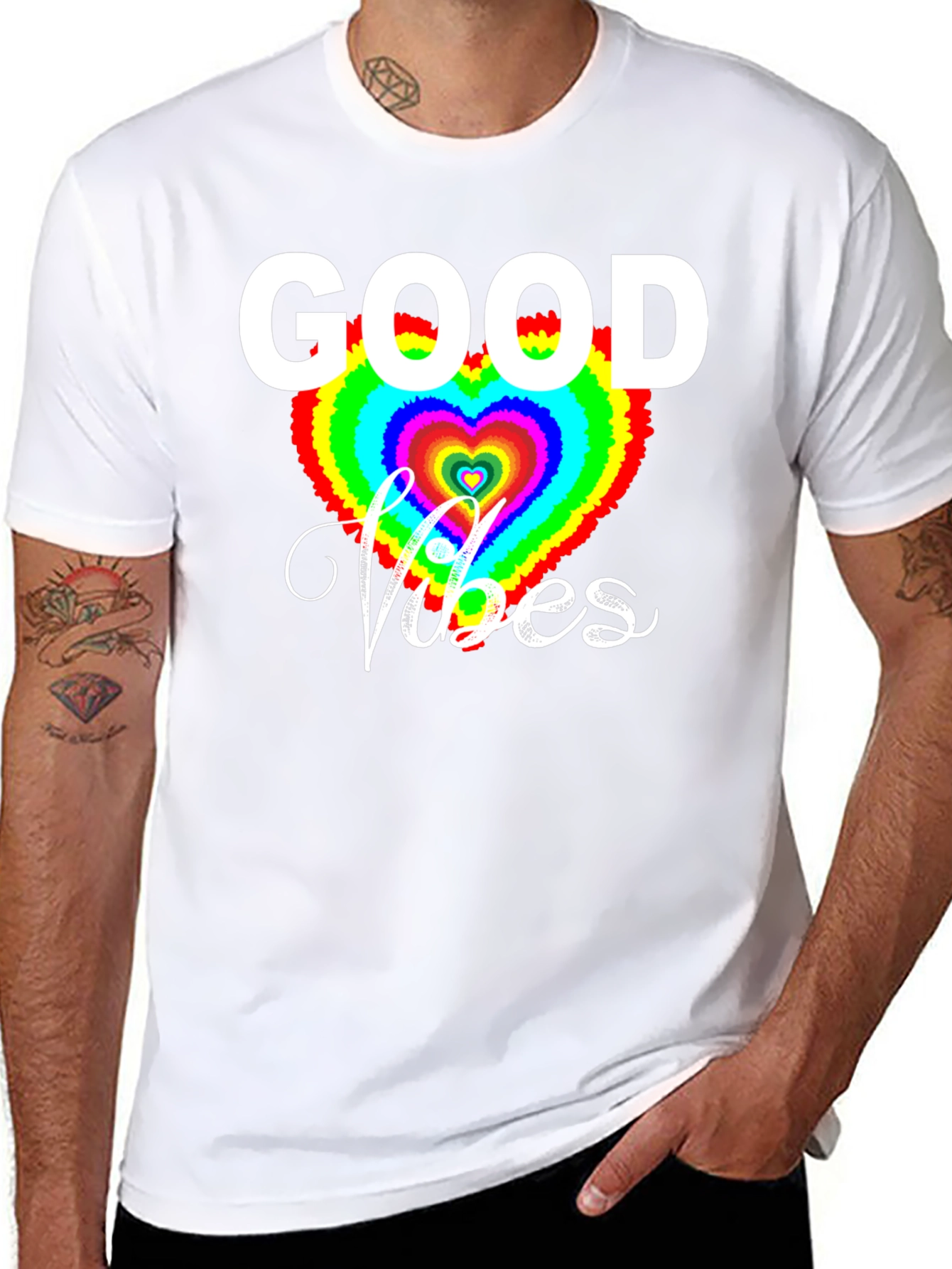 Good Vibes T-Shirt - Rainbow Heart Graphic