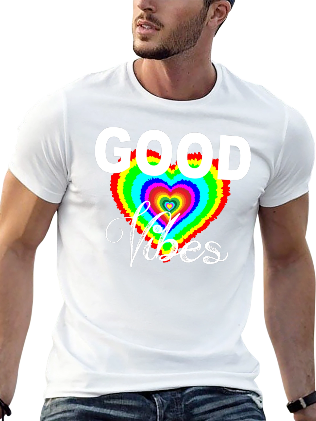 Good Vibes T-Shirt - Rainbow Heart Graphic