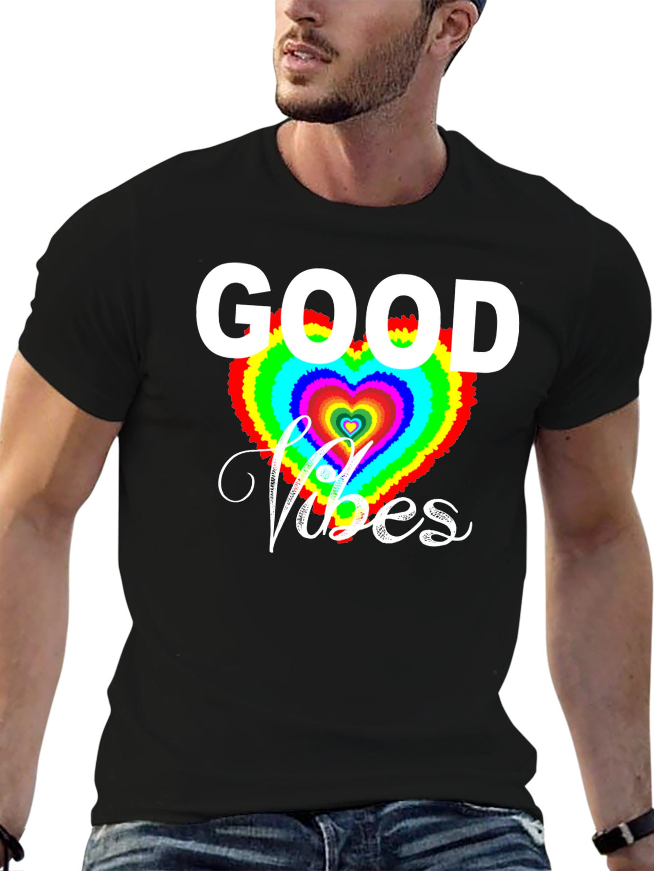 Good Vibes T-Shirt - Rainbow Heart Graphic