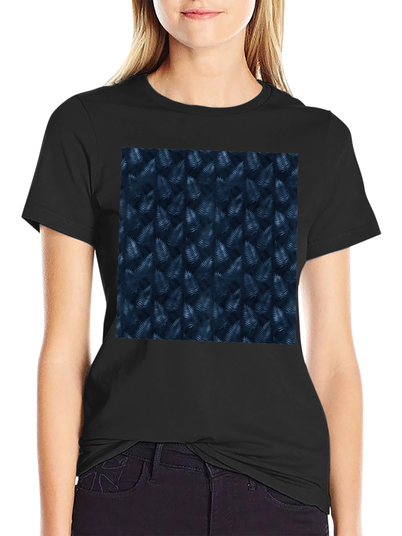 Navy Leaf Print Black T-Shirt