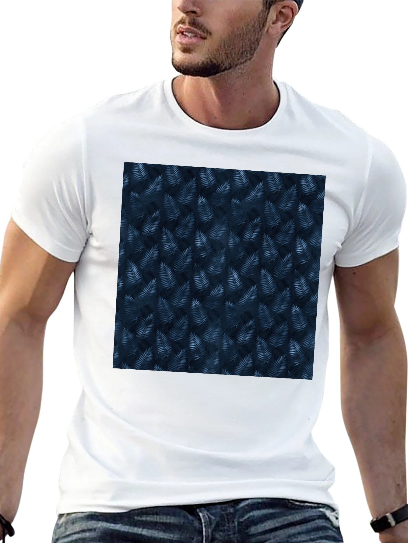 Navy Leaf Print Black T-Shirt