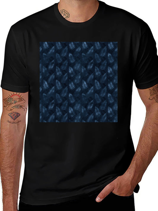 Navy Leaf Print Black T-Shirt