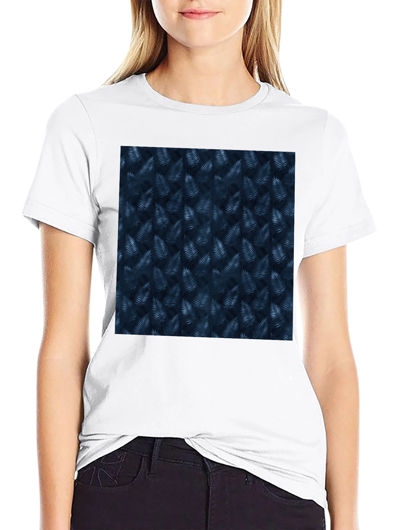 Navy Leaf Print Black T-Shirt
