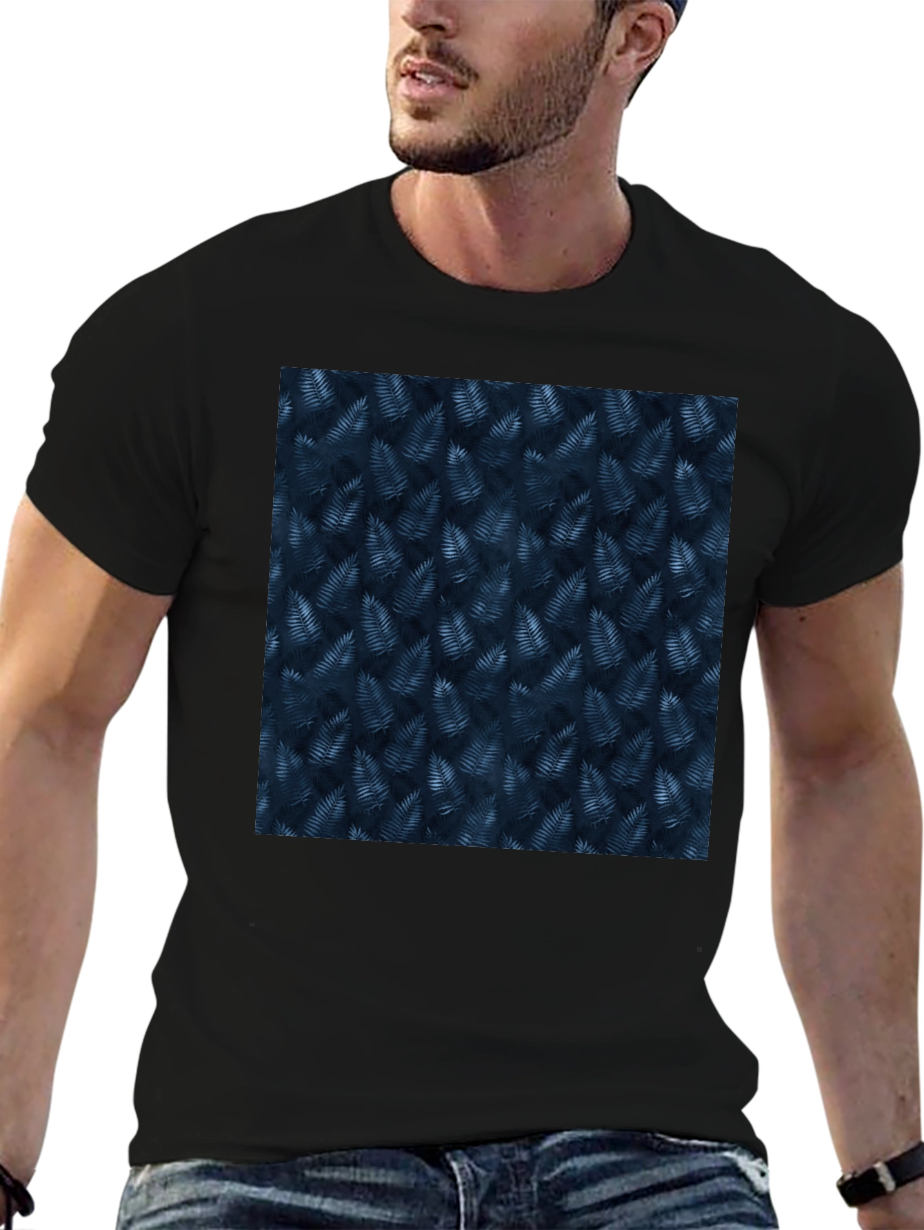 Navy Leaf Print Black T-Shirt