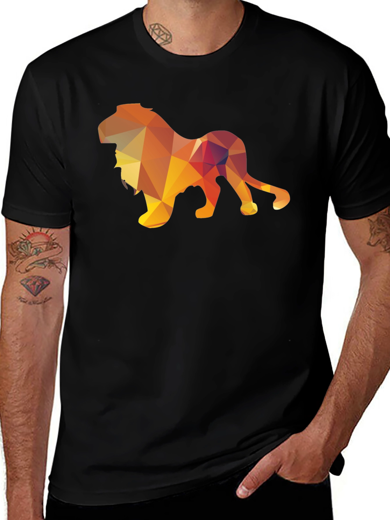 Geometric Lion Graphic Tee - Stylish Mens Black T-Shirt