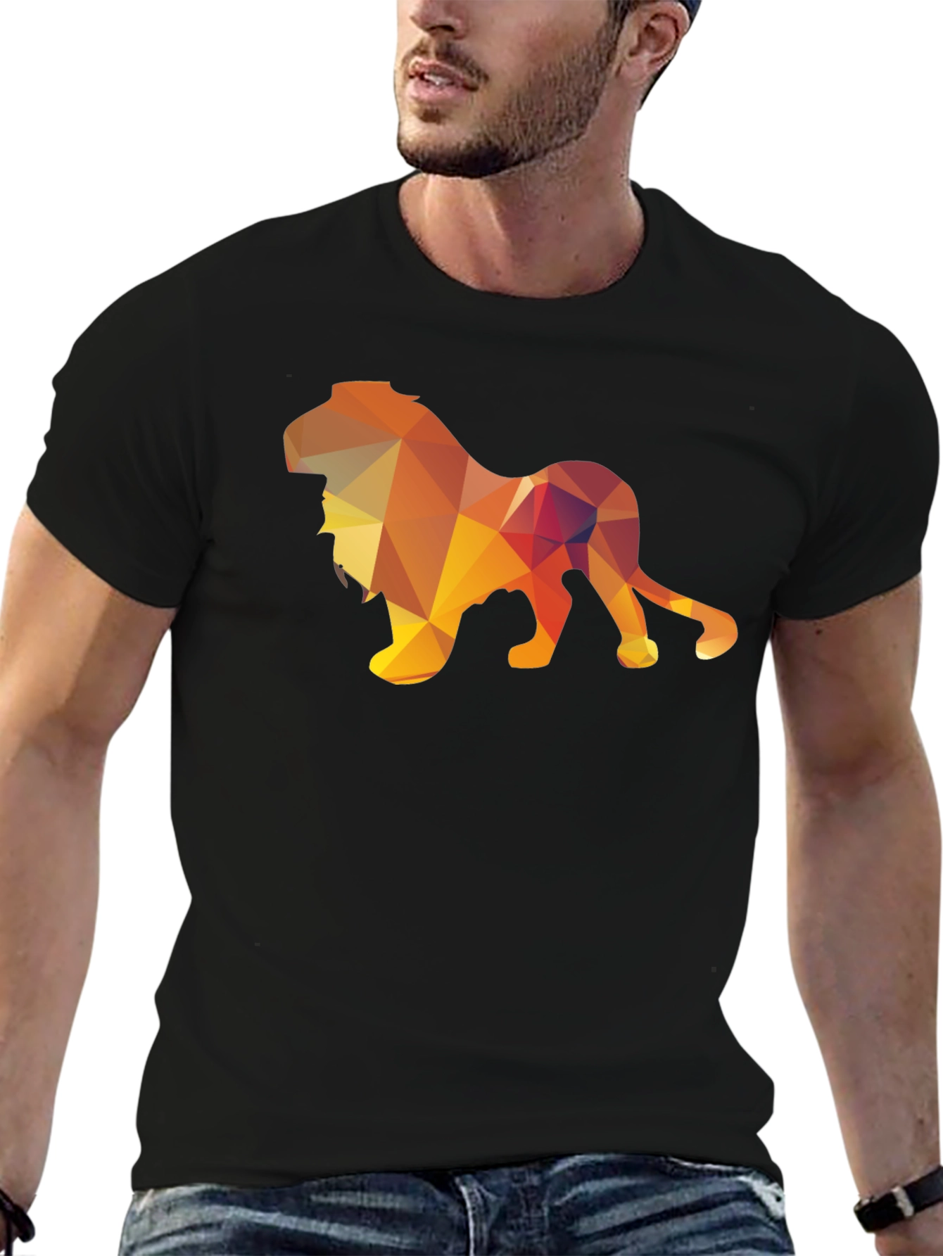 Geometric Lion Graphic Tee - Stylish Mens Black T-Shirt