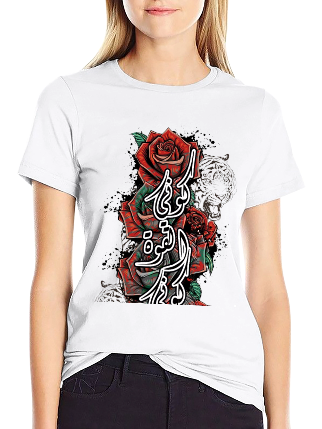 Rose Arabic Script Graphic Print T-Shirt