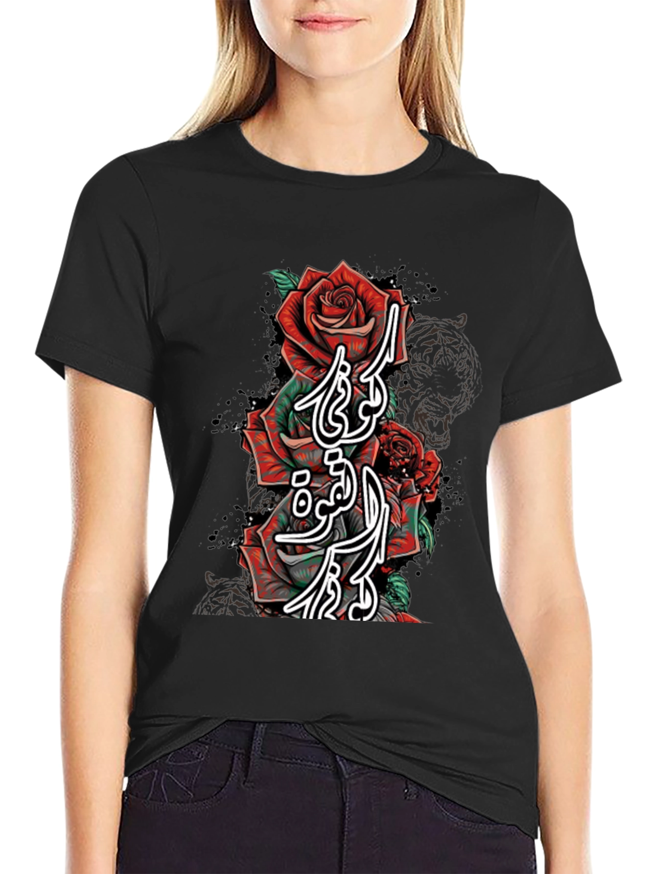 Rose Arabic Script Graphic Print T-Shirt
