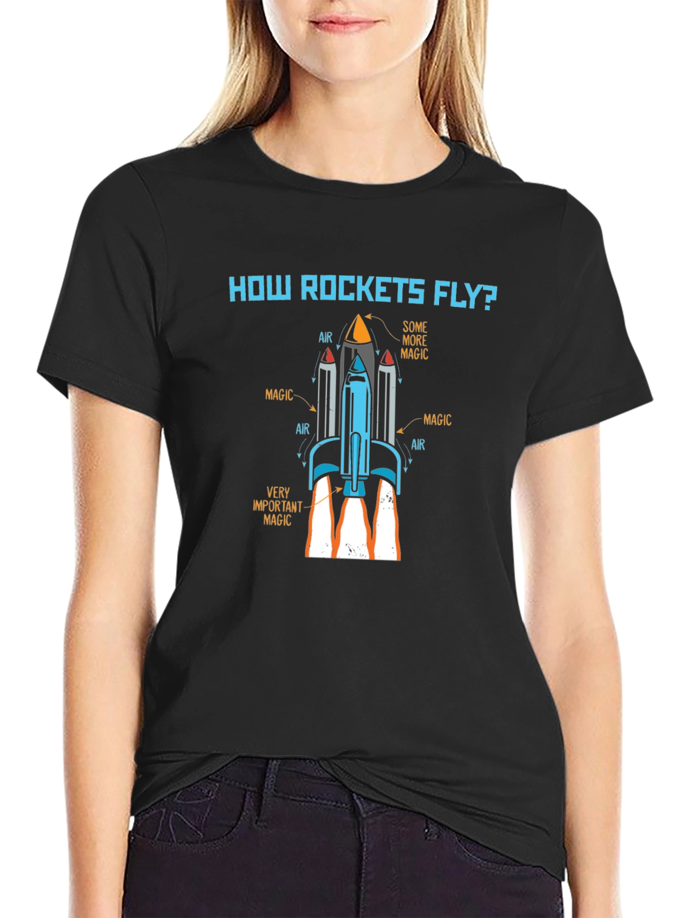 How Rockets Fly? Black Graphic Tee