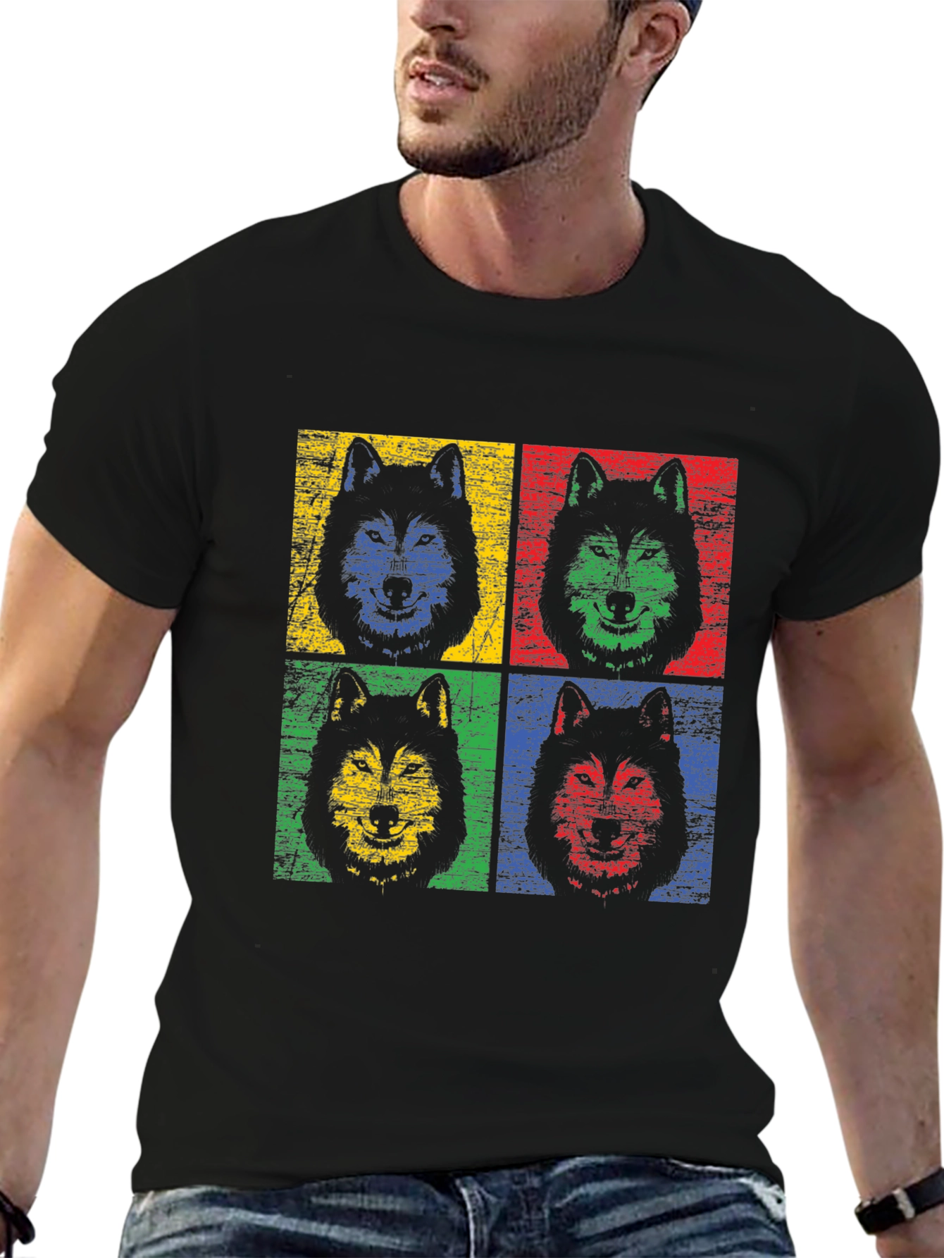 Pop Art Wolf Graphic Black T-Shirt