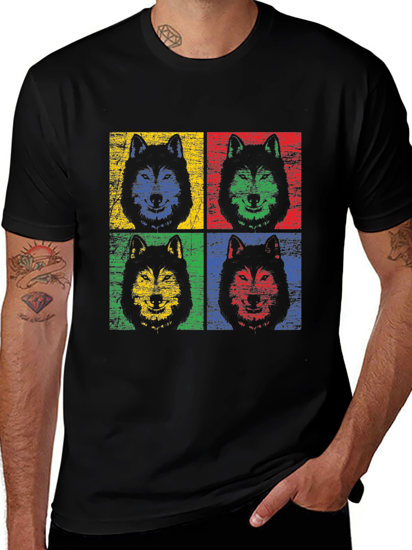 Pop Art Wolf Graphic Black T-Shirt