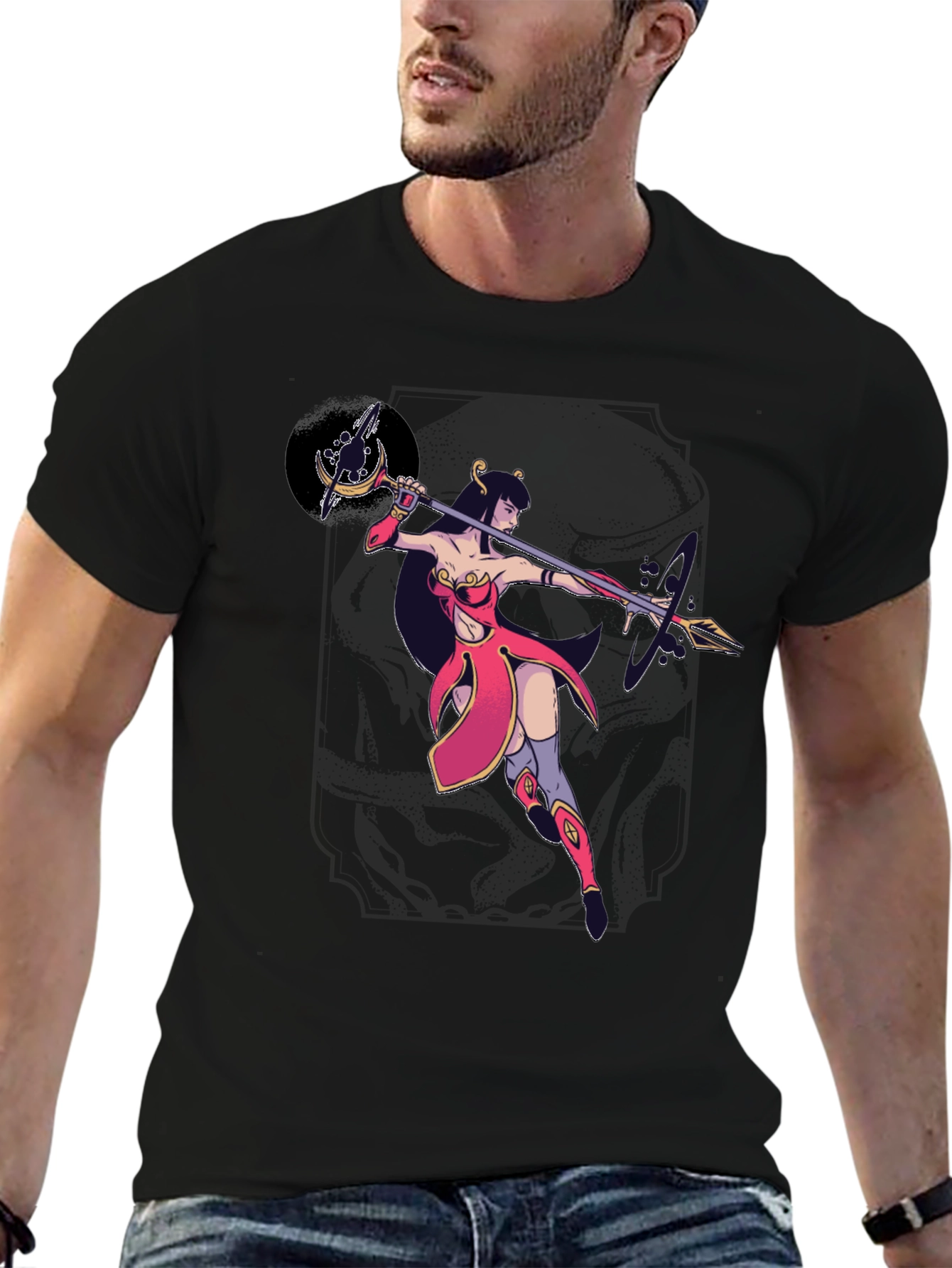 Fantasy Warrior Graphic Print Black T-Shirt