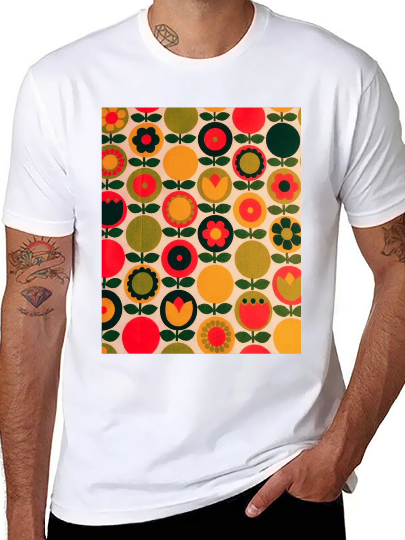 Retro Floral Pattern T-Shirt - Bold 70s Style