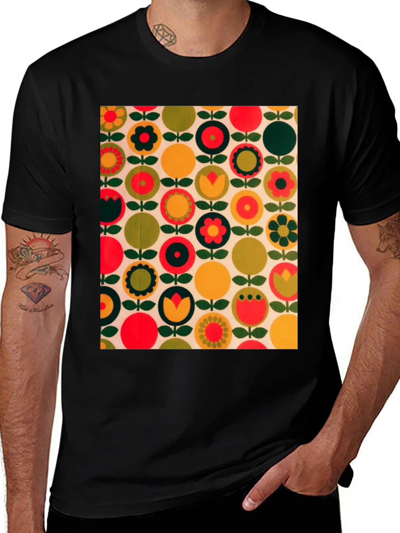 Retro Floral Pattern T-Shirt - Bold 70s Style