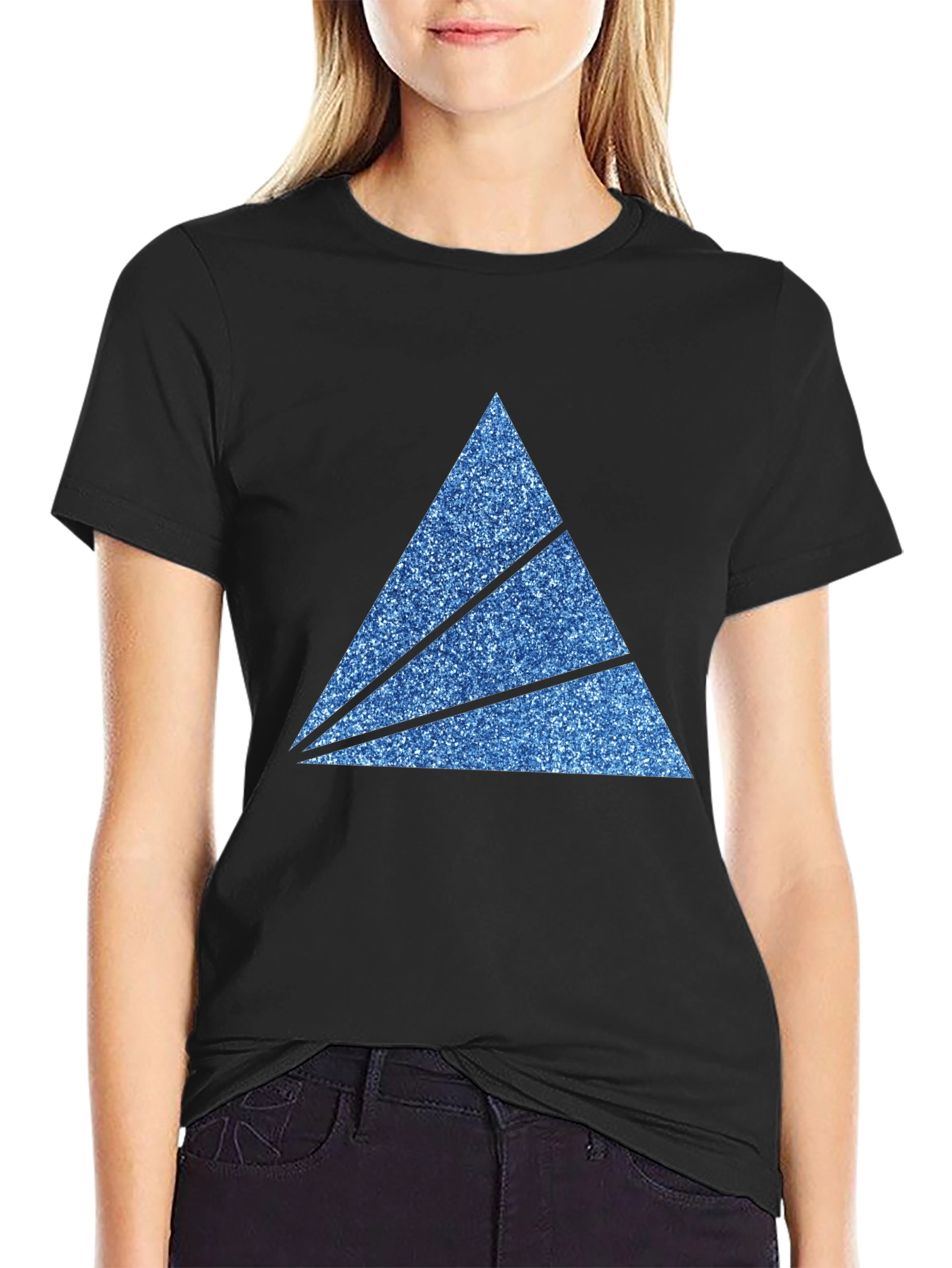 Mens Black T-Shirt with Sparkly Blue Triangle Graphic