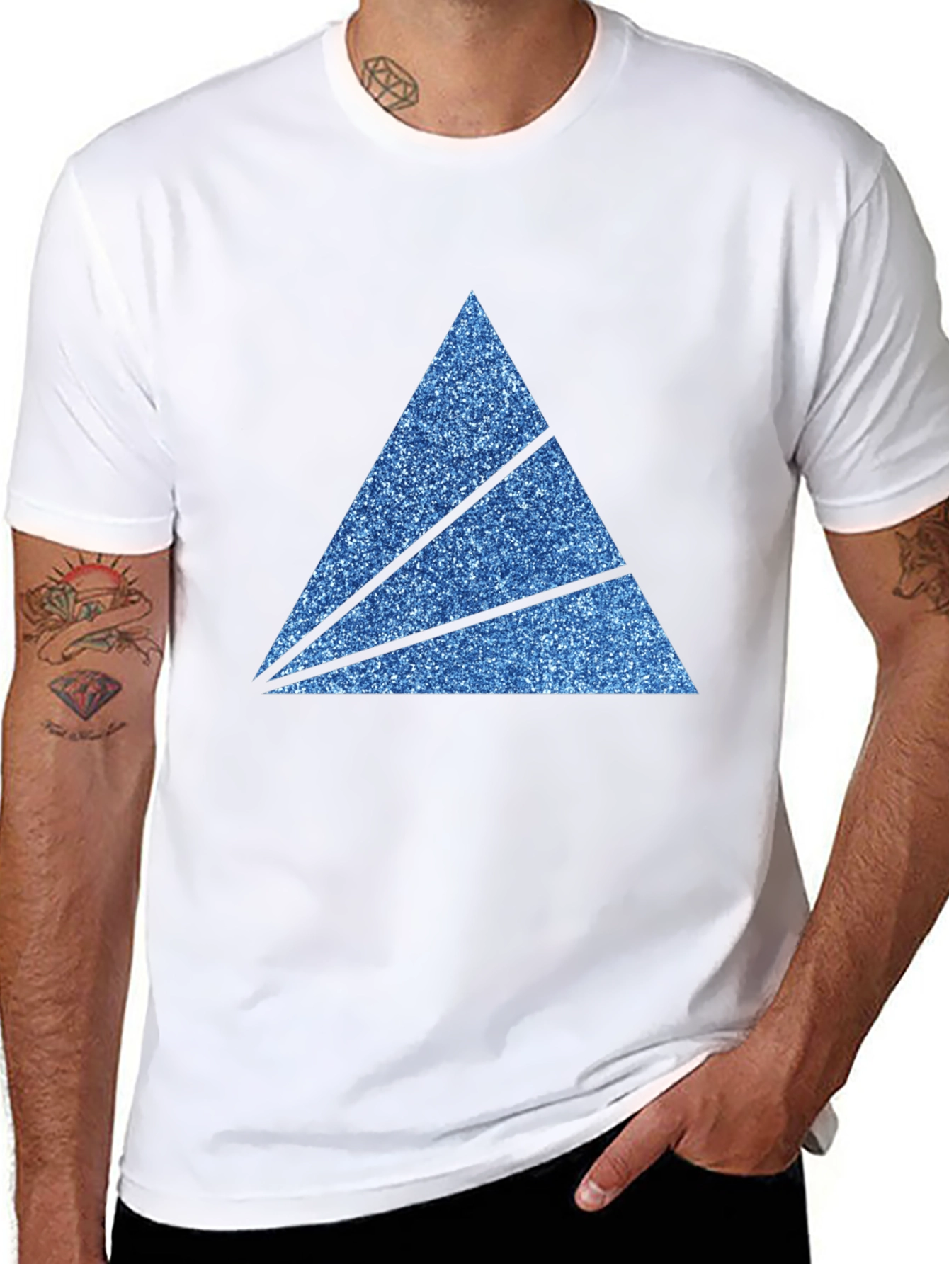 Mens Black T-Shirt with Sparkly Blue Triangle Graphic