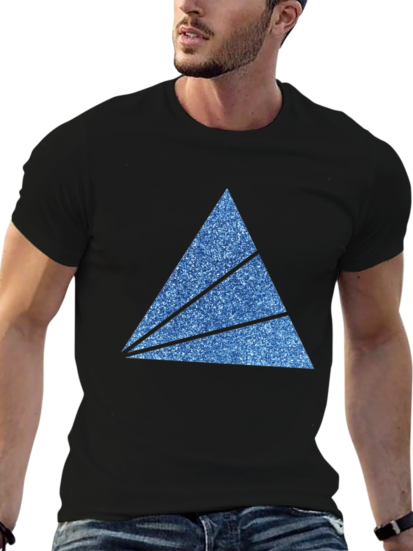 Mens Black T-Shirt with Sparkly Blue Triangle Graphic