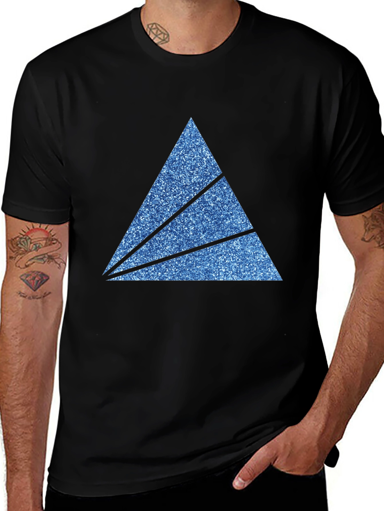 Mens Black T-Shirt with Sparkly Blue Triangle Graphic