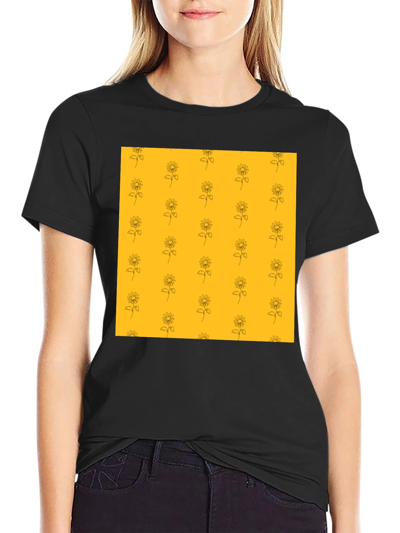 Sunflower Pattern Black T-Shirt