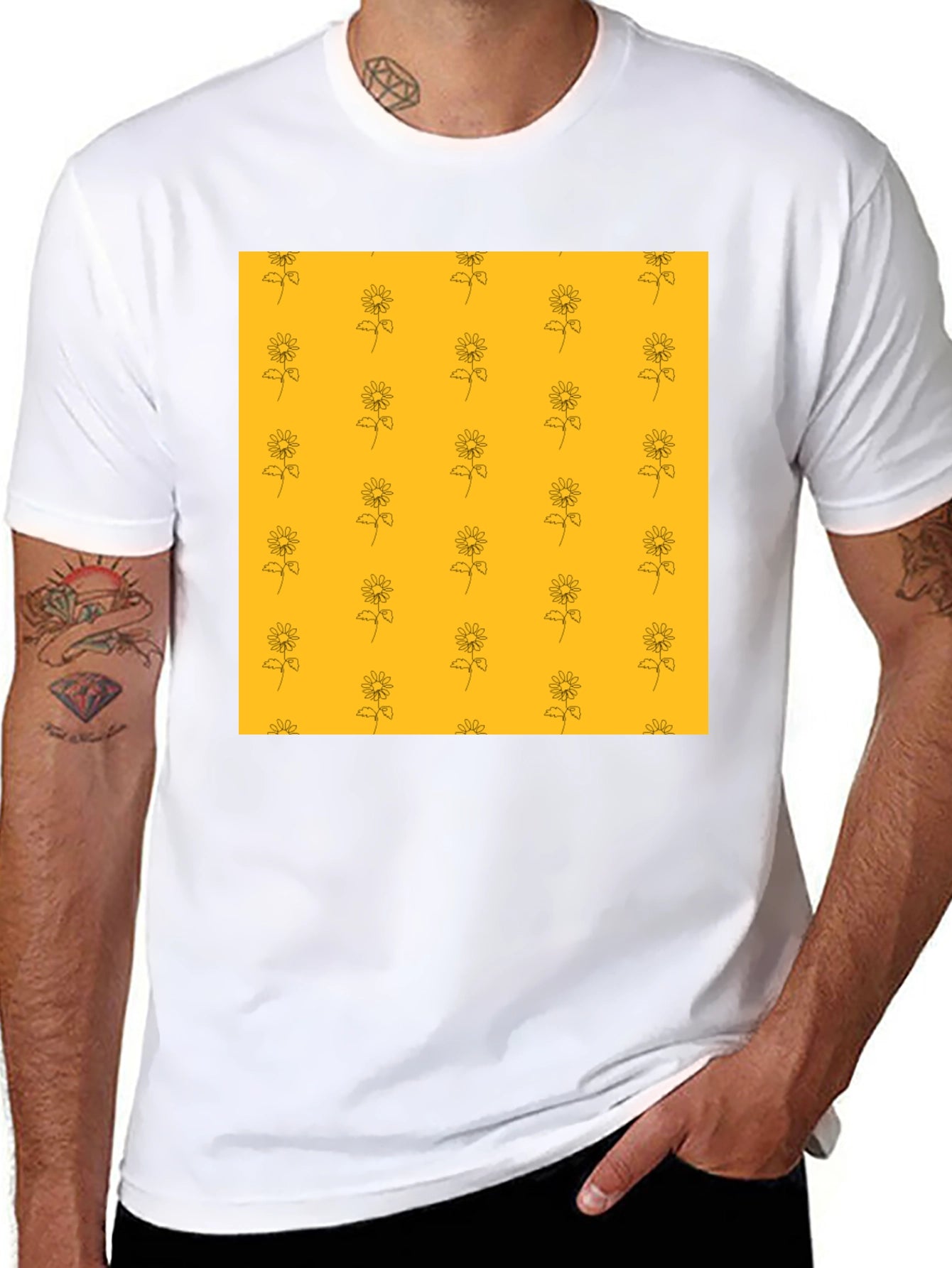 Sunflower Pattern Black T-Shirt
