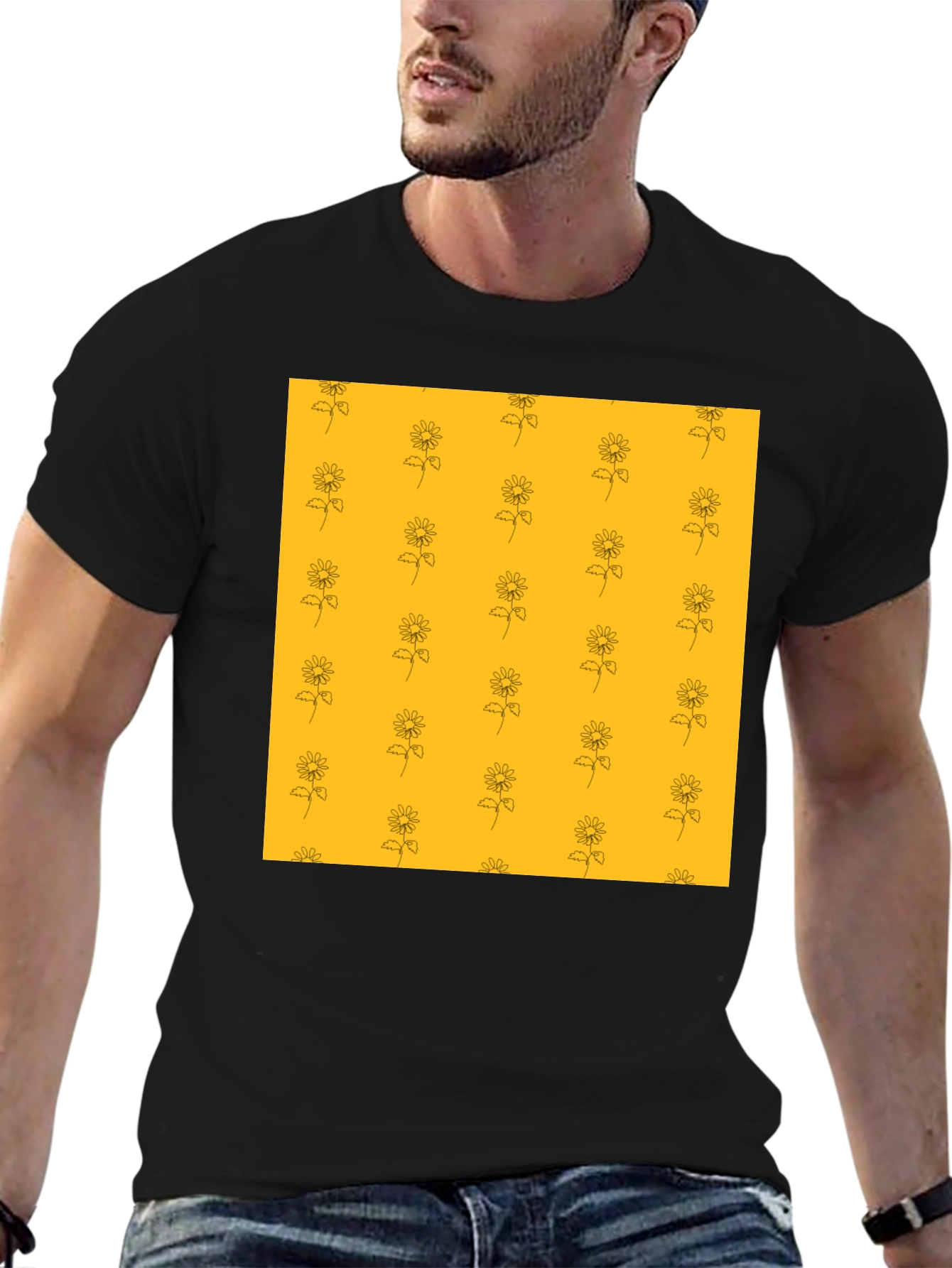 Sunflower Pattern Black T-Shirt
