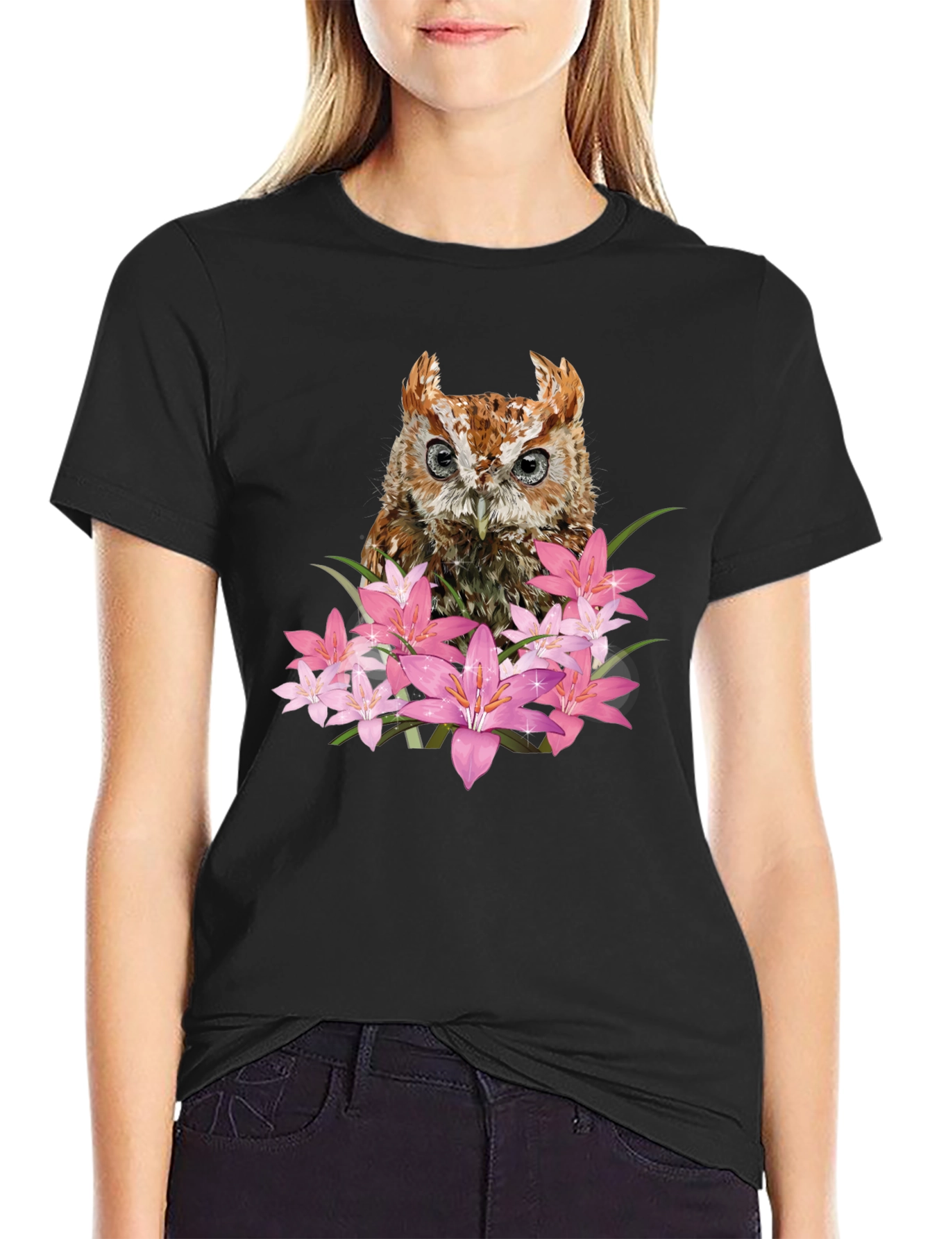 Owl & Floral Graphic Black T-Shirt