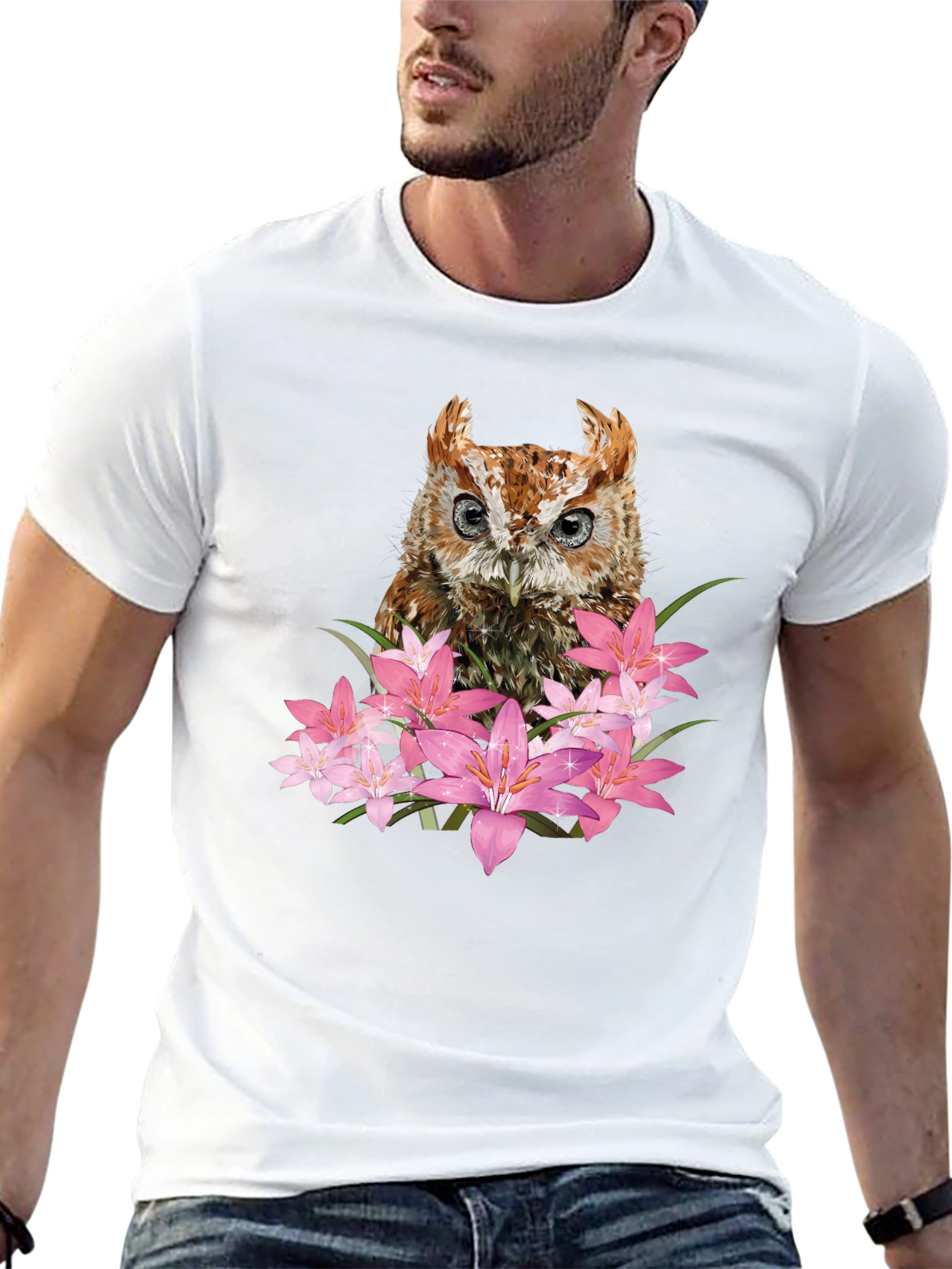 Owl & Floral Graphic Black T-Shirt