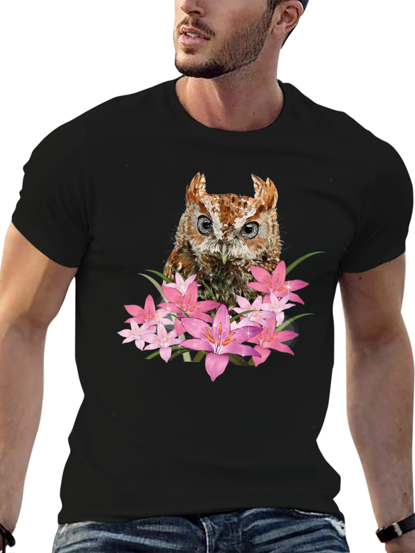Owl & Floral Graphic Black T-Shirt