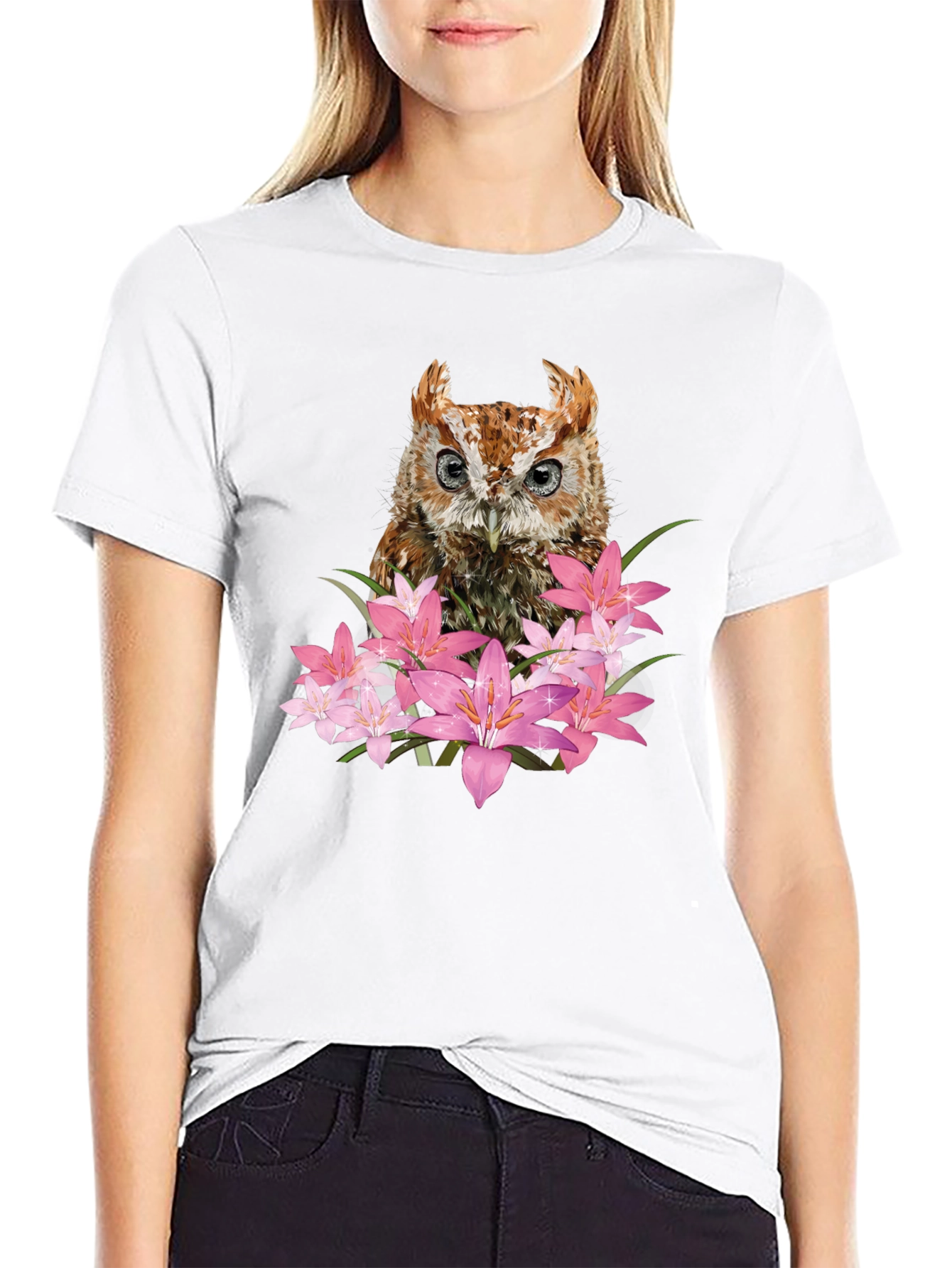 Owl & Floral Graphic Black T-Shirt