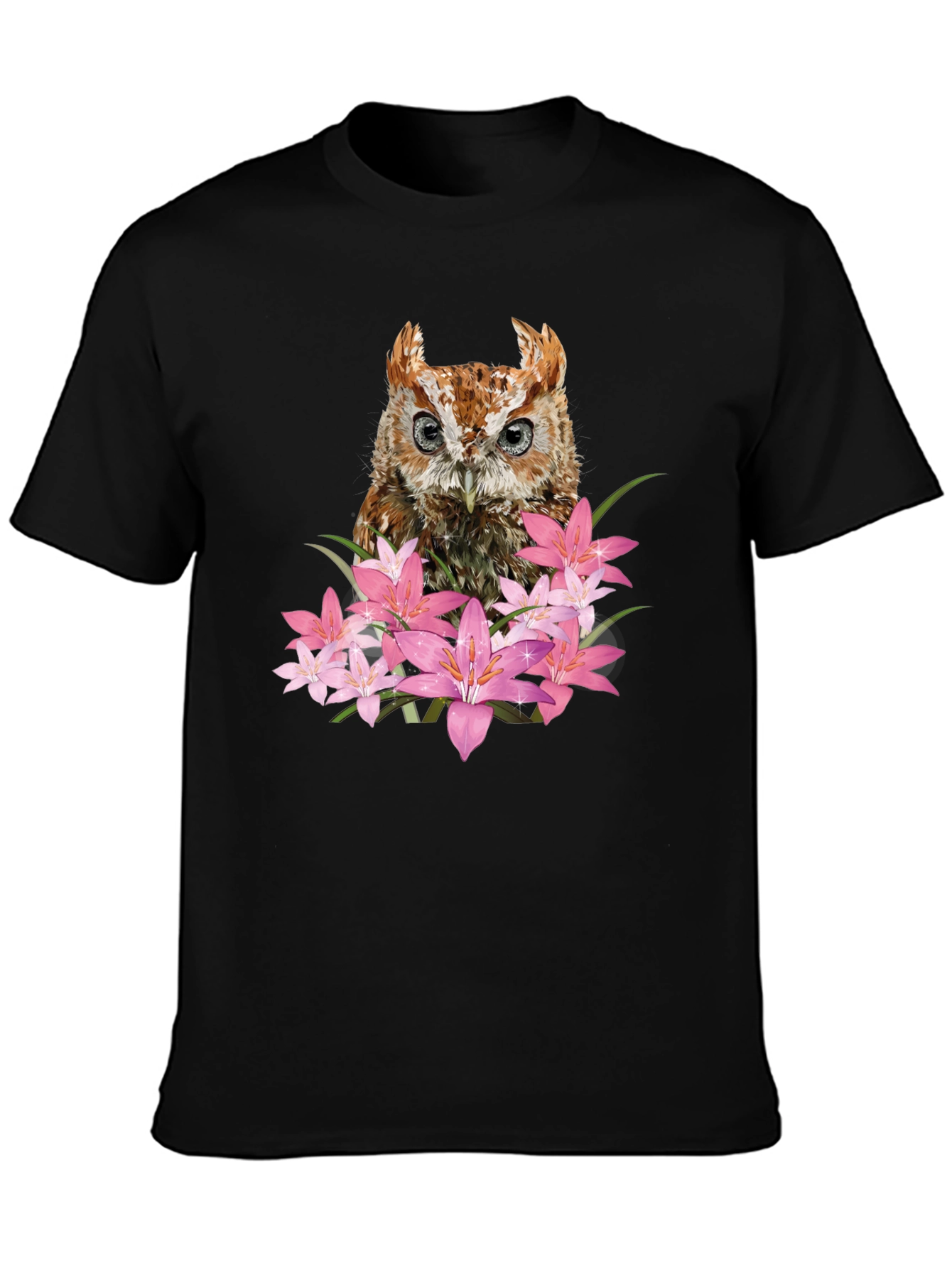 Owl & Floral Graphic Black T-Shirt