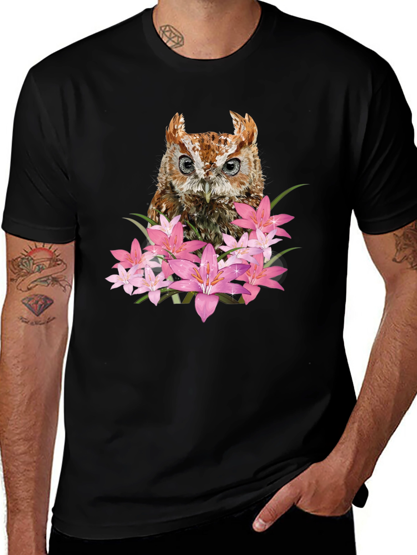 Owl & Floral Graphic Black T-Shirt