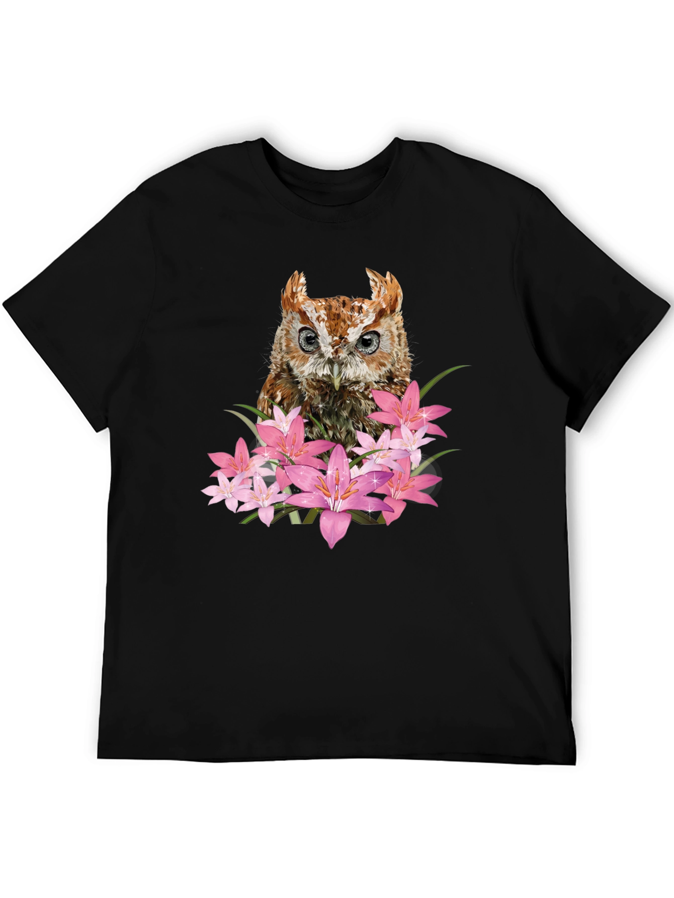 Owl & Floral Graphic Black T-Shirt