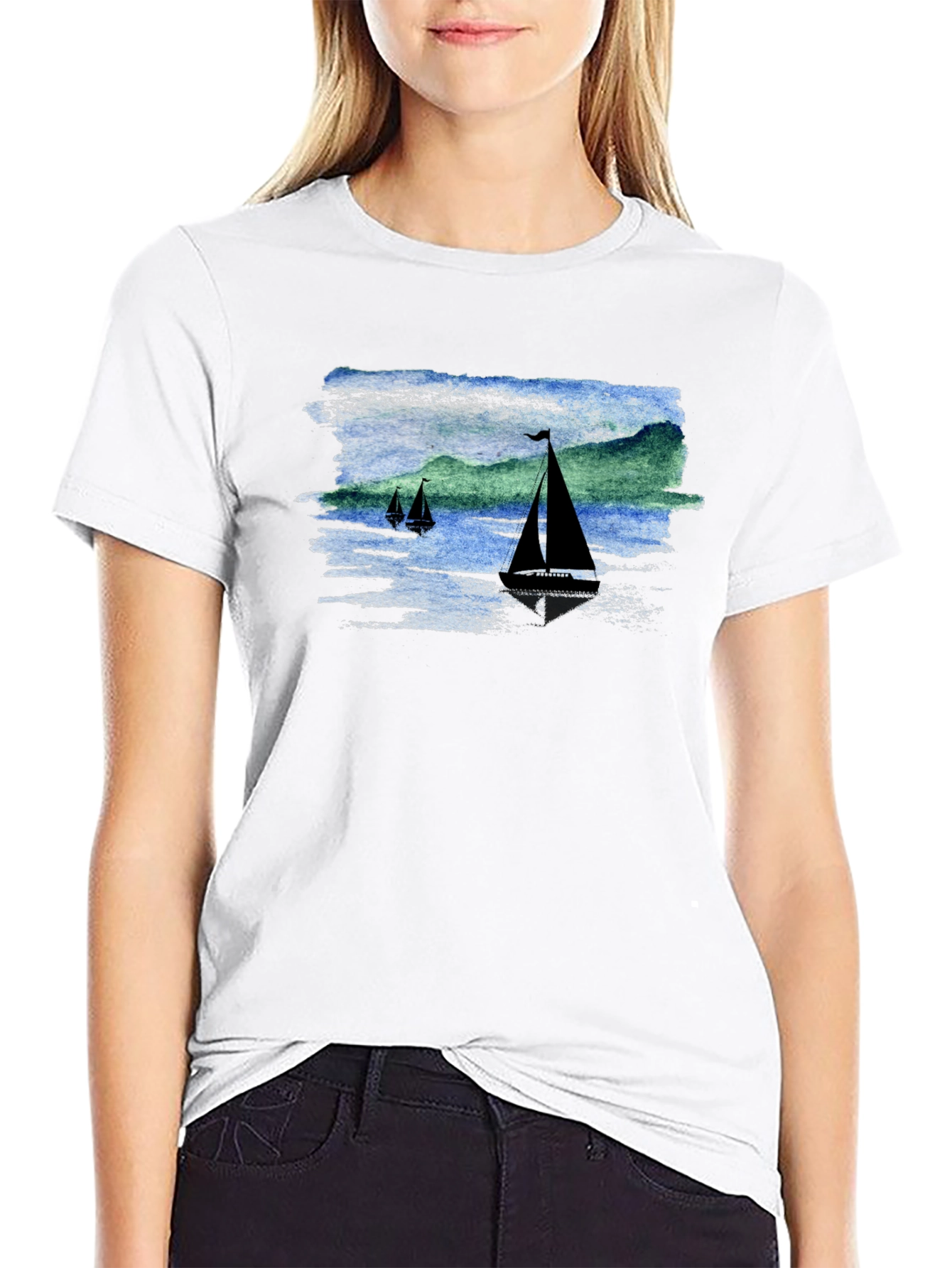 Sailboat Scene Graphic Black T-Shirt