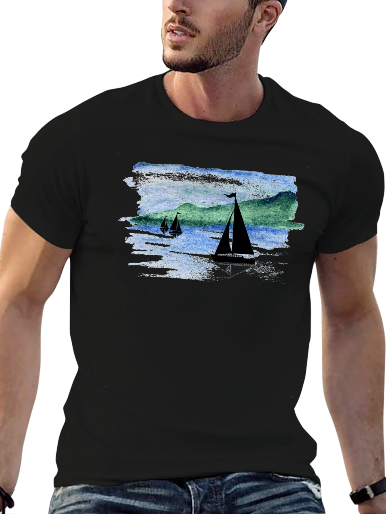 Sailboat Scene Graphic Black T-Shirt