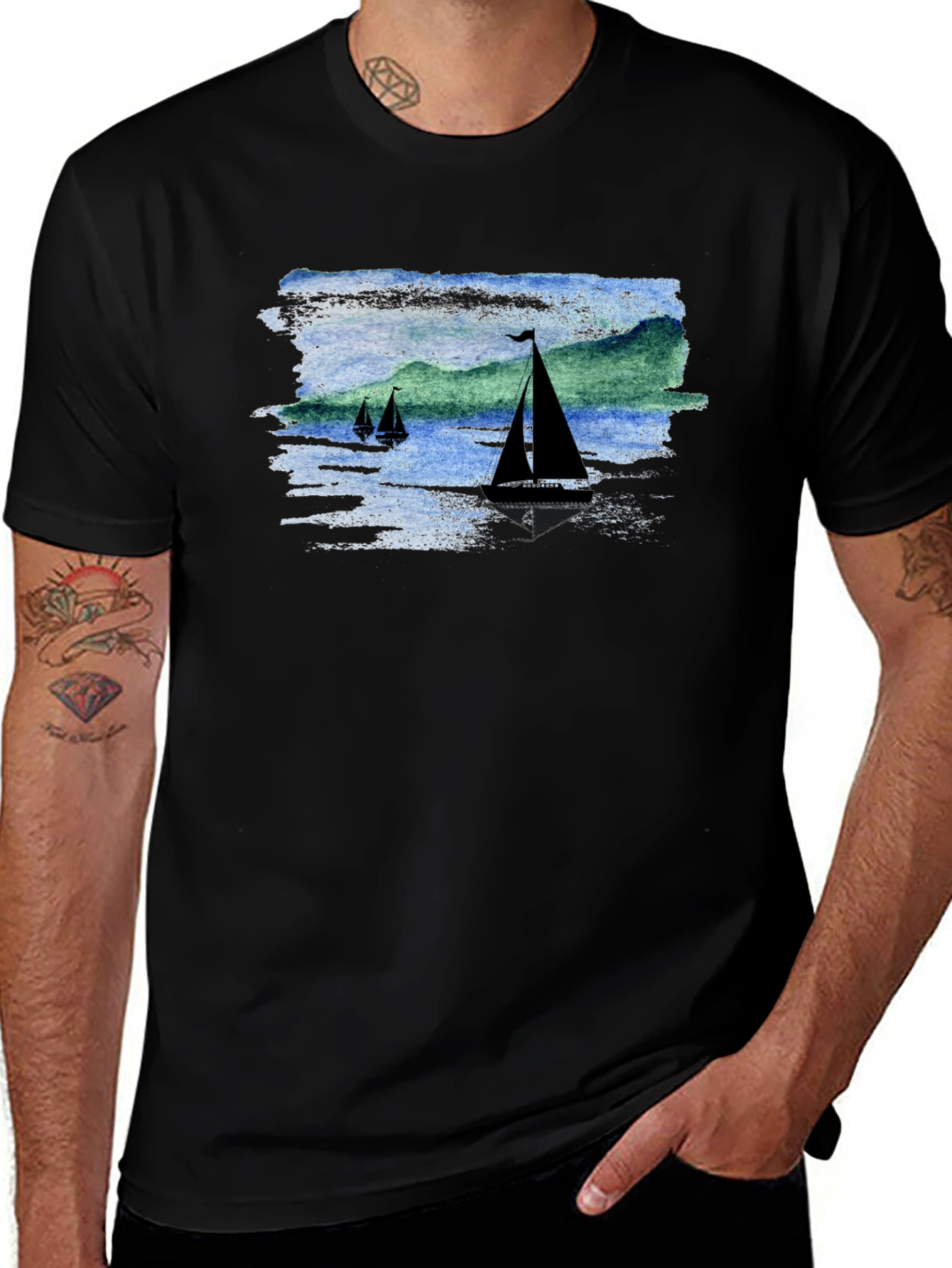 Sailboat Scene Graphic Black T-Shirt