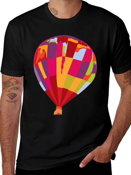 Abstract Hot Air Balloon Graphic Tee - Black Cotton Shirt