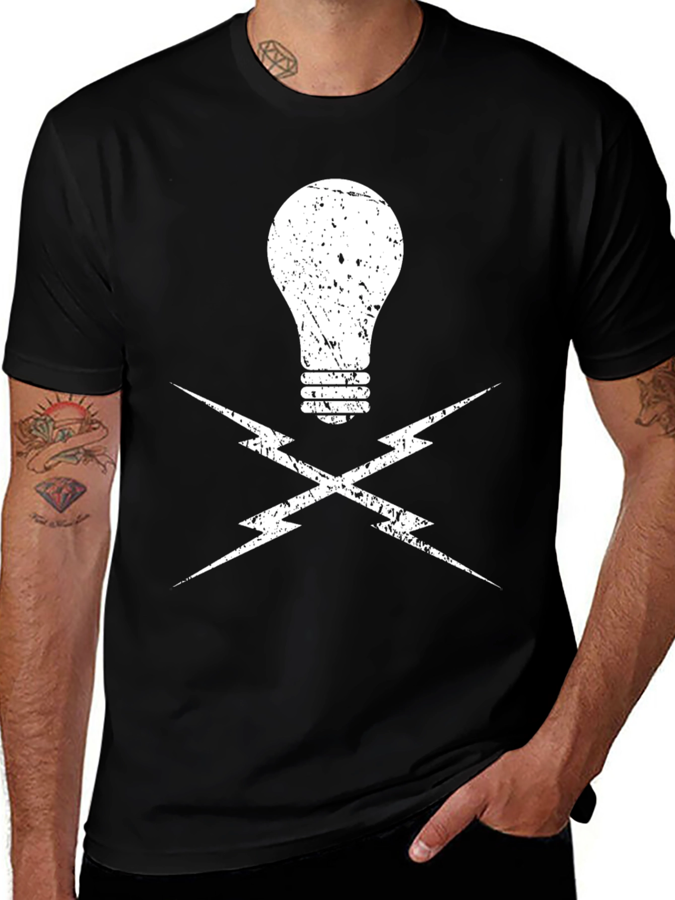 Electrician Light Bulb and Lightning Bolt Black T-Shirt