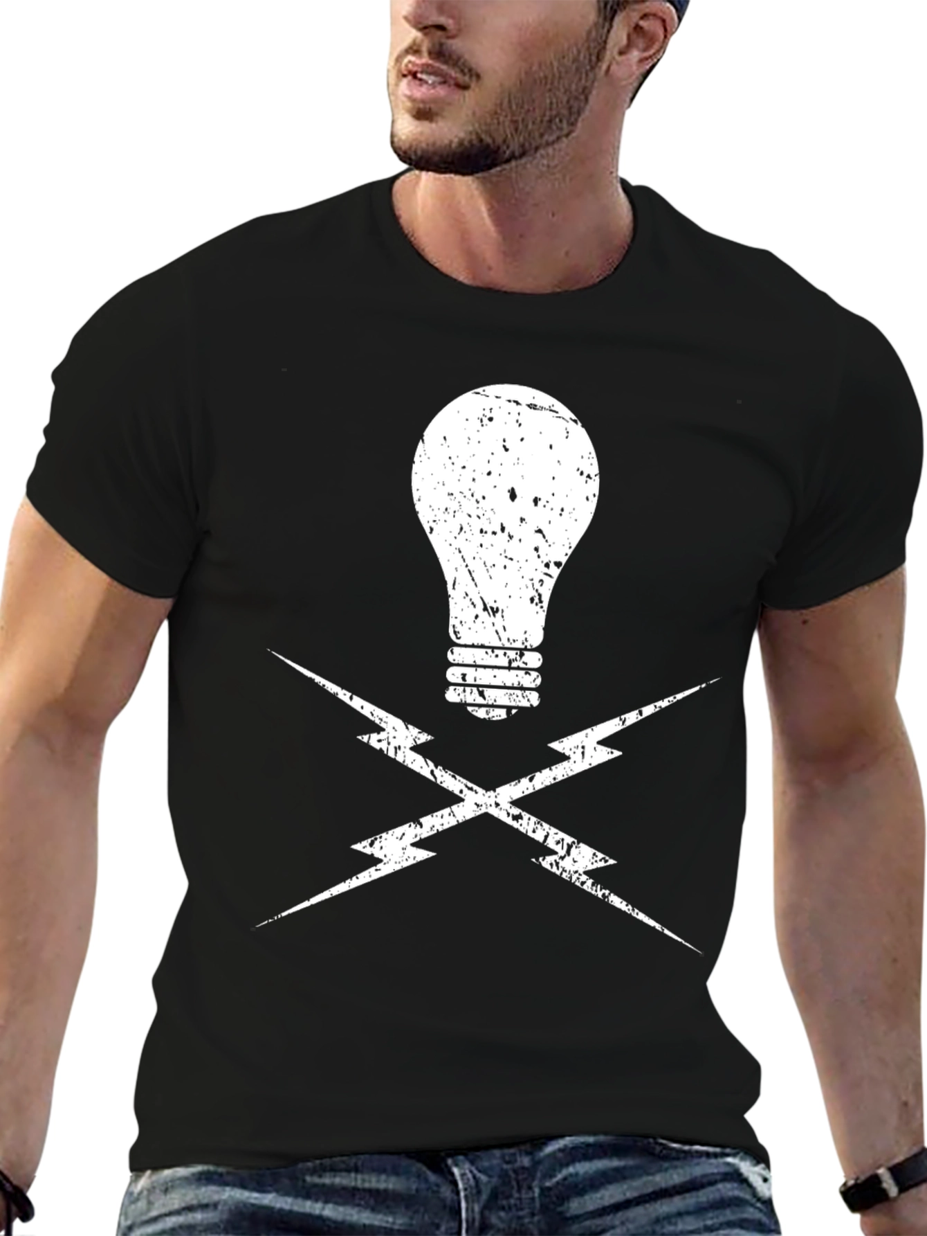 Electrician Light Bulb and Lightning Bolt Black T-Shirt