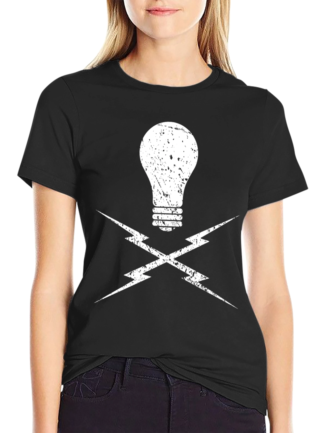 Electrician Light Bulb and Lightning Bolt Black T-Shirt