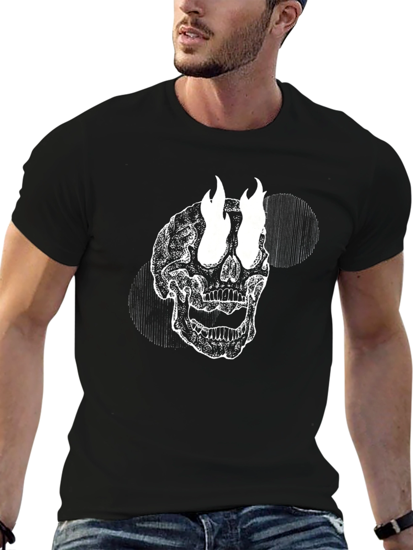 Skull with Flames Graphic Tee - Black Cotton