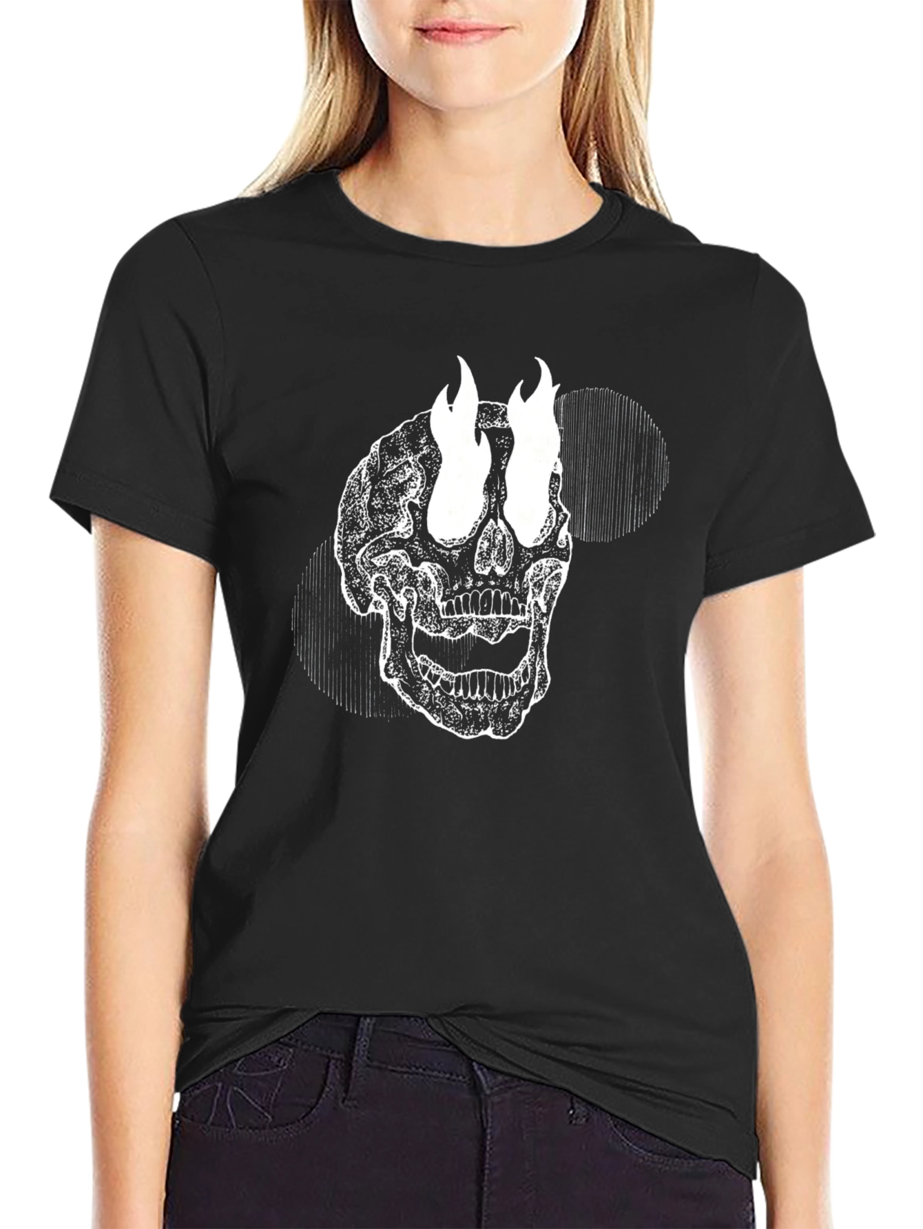 Skull with Flames Graphic Tee - Black Cotton