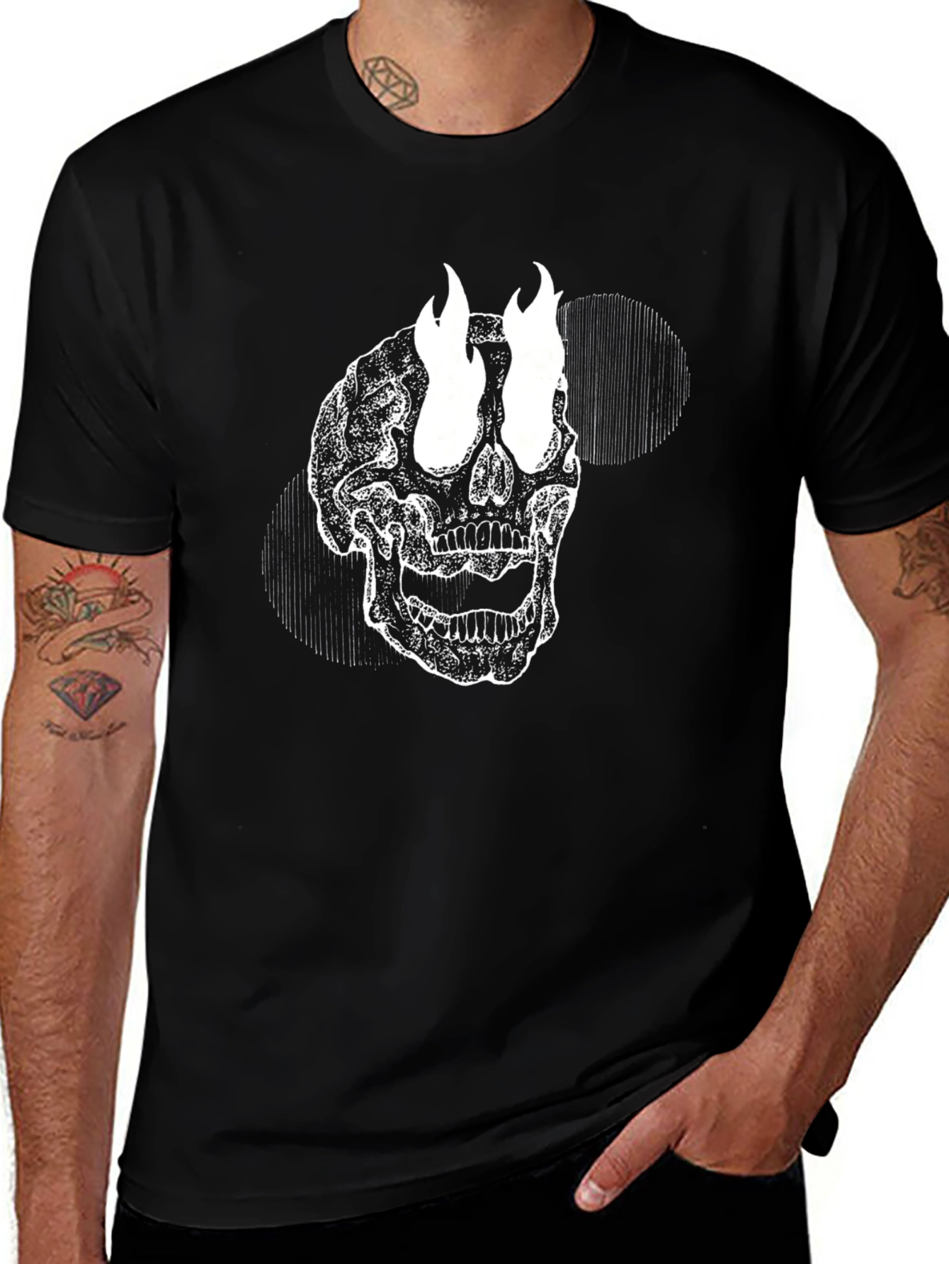 Skull with Flames Graphic Tee - Black Cotton